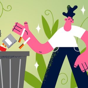 Young smiling man cartoon character standing and putting cigarettes and block to trash bin